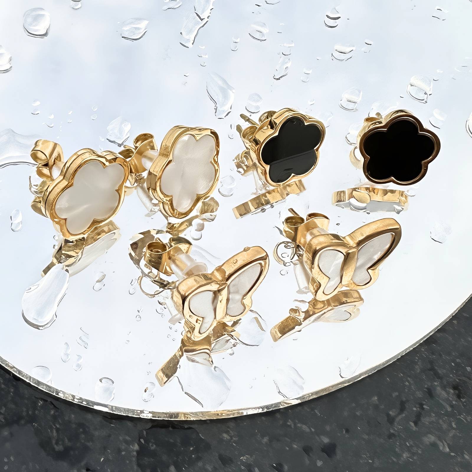 Trish Flowers" Earrings Black , 18K Gold Plated Stainless Steel