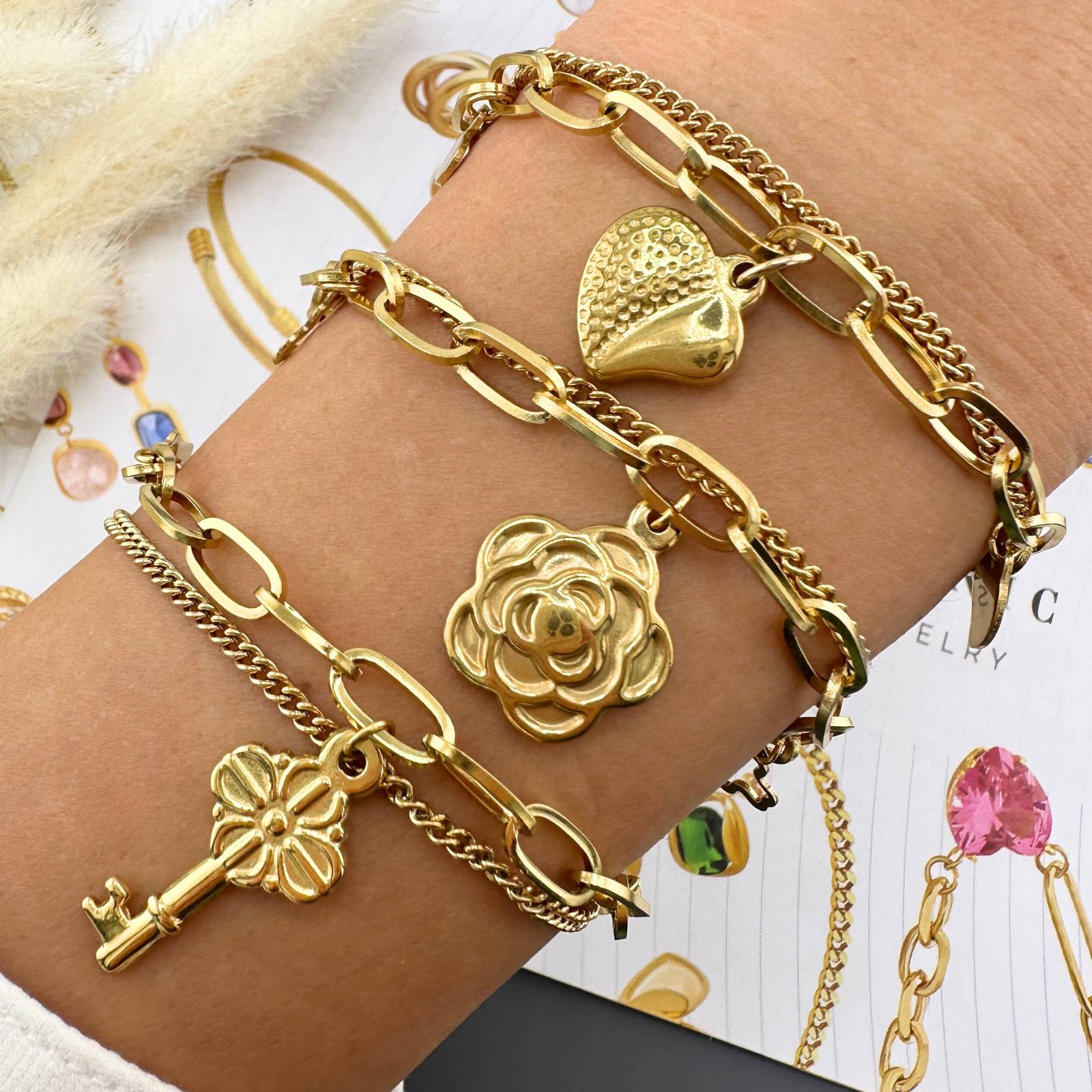 Trish Charm Flowers" Bracelet, 18K Gold Plated Stainless Steel