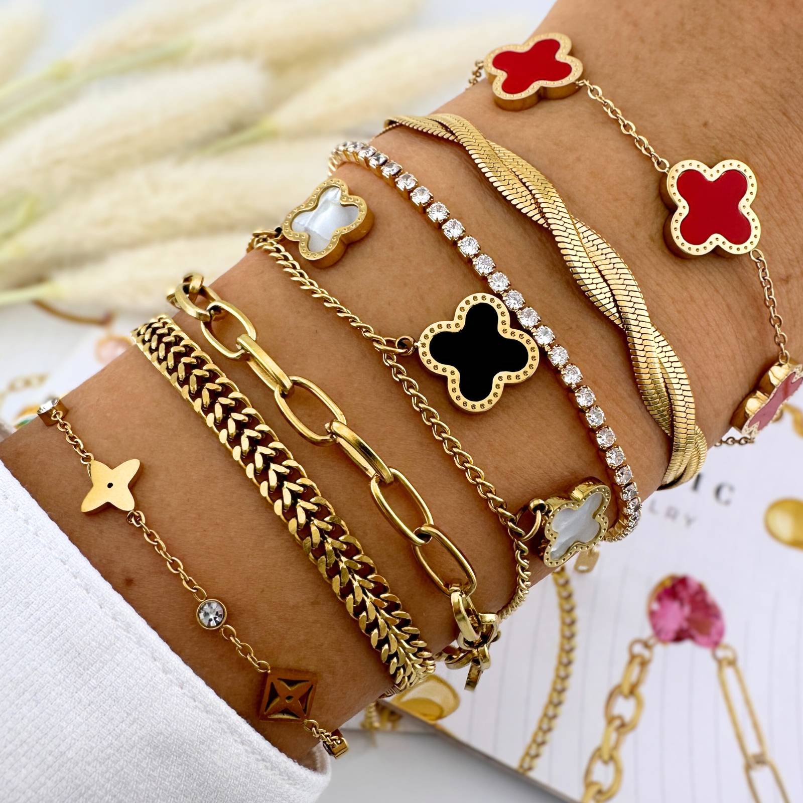 Trish Flower Meadow" Bracelet Red 18K Gold Plated Stainless Steel