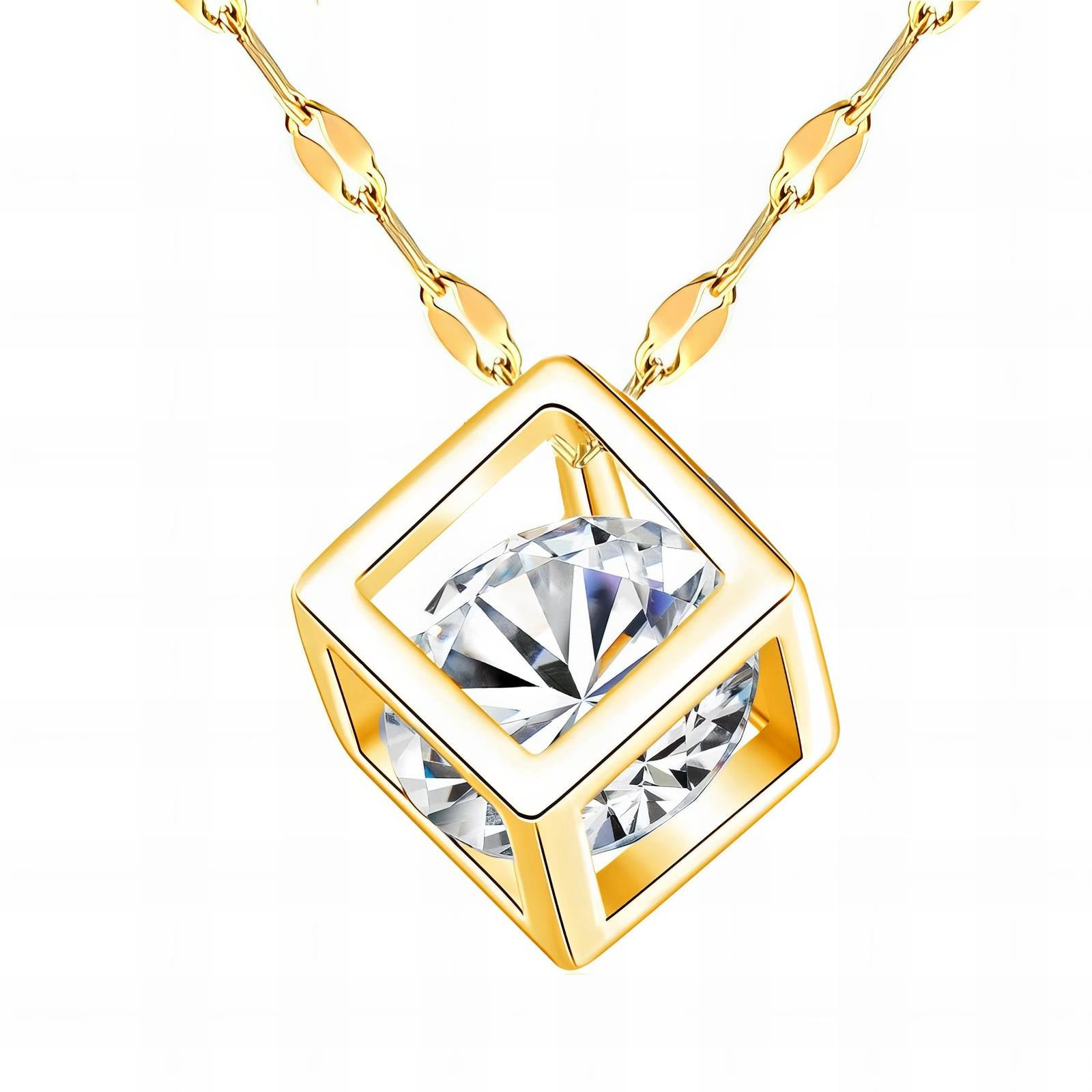 Cube Diamond Necklace, 18K Gold Plated Stainless Steel